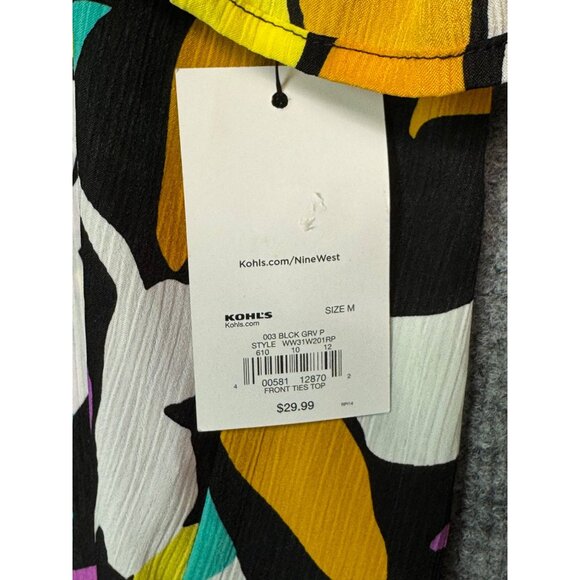 Nine West Top Women’s M Multicolor Abstract Leaf Print Short Sleeve Tie Neck Top - Picture 5 of 12